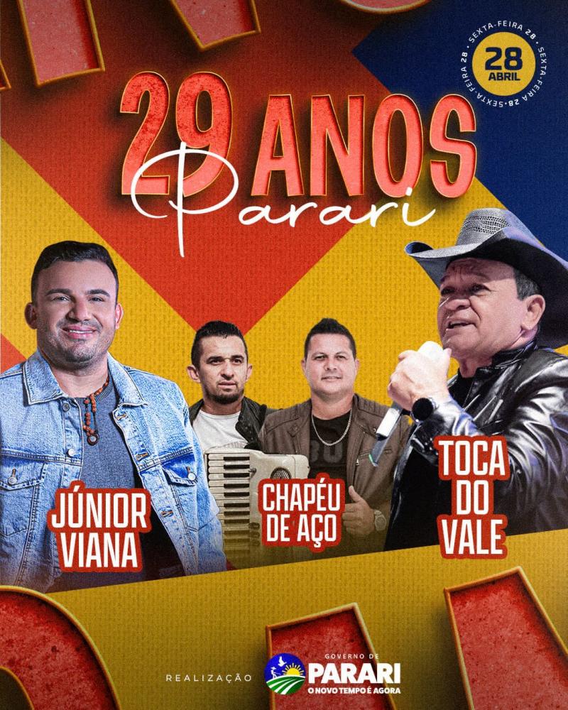 Festa dos 29 anos de emancipação política de Parari-PB terá shows de Toca do Vale, Júnior Viana e Chapéu de Aço 