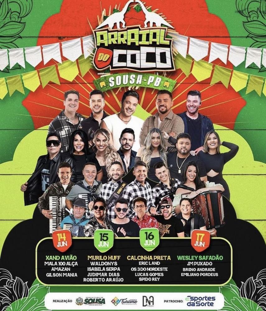 Xand, Murilo Huff, Calcinha Preta e Safadão estão entre as atrações do São João de Sousa. Confira a programação! 