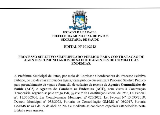 Prefeitura de Patos-PB abre processo seletivo para contratação de agentes comunitários de saúde e agentes de combate às endemias