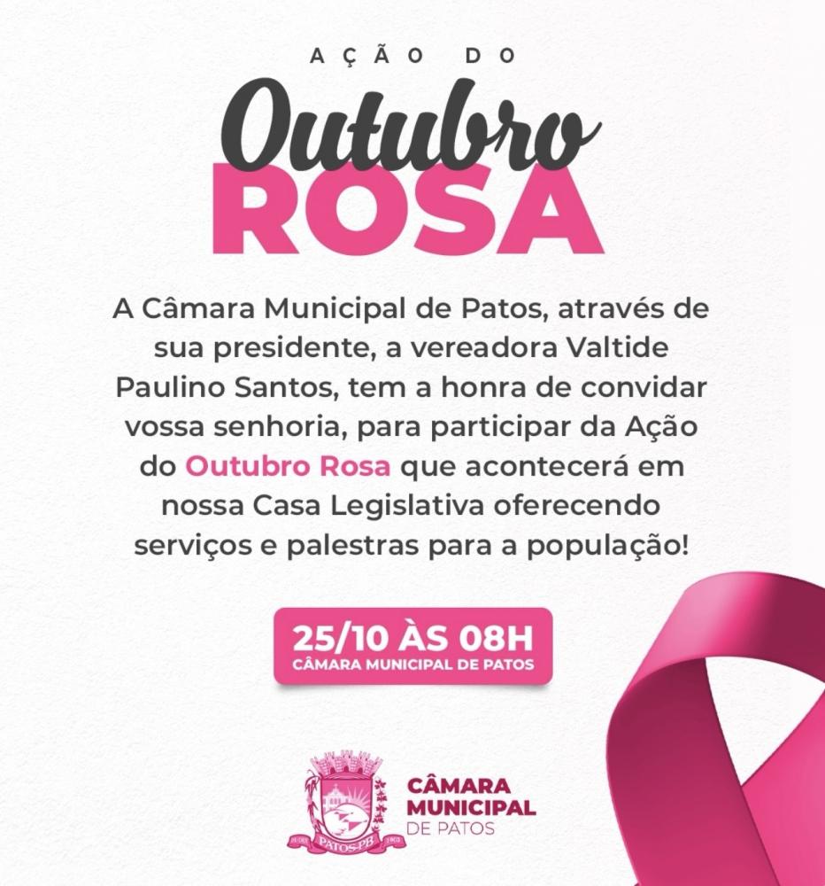 Câmara de Patos realizará ação do Outubro Rosa com a oferta de palestras e diversos serviços de saúde nesta quarta(25)