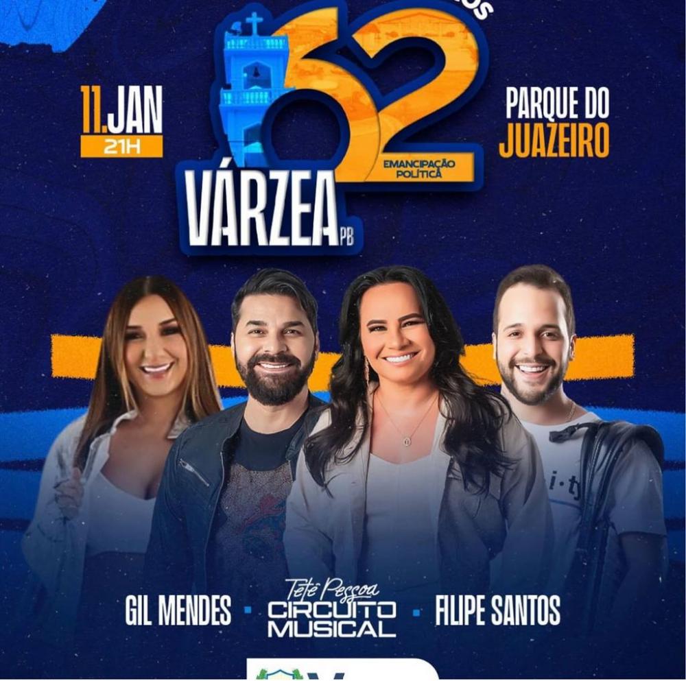 Várzea comemora 62 anos de emancipação politica com shows de Gil Mendes, Circuito Musical e Filipe Santos.