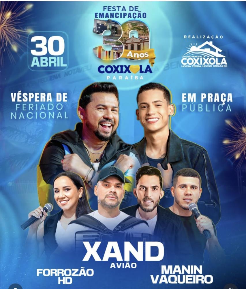 Festa de emencipacão politica de Coxixola-PB terá show de Xand Avião no próximo sábado, 30 de março. Confira!