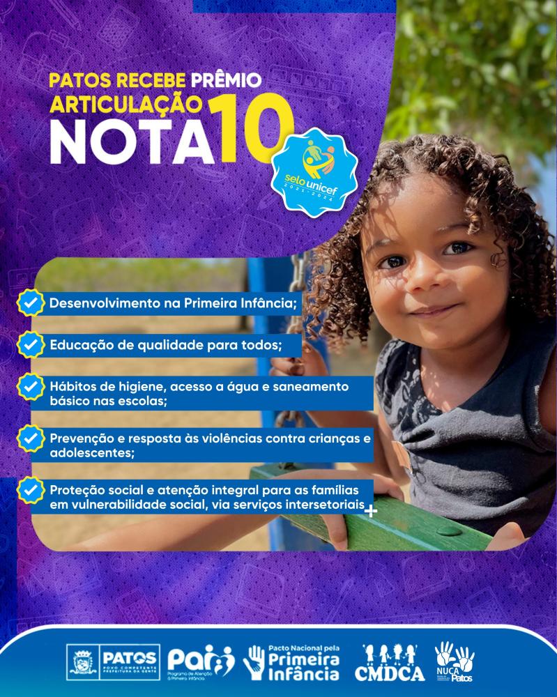Patos recebe reconhecimento pelo compromisso com Crianças e Adolescentes: Prêmio Articulação Nota 10 pelo Selo UNICEF
