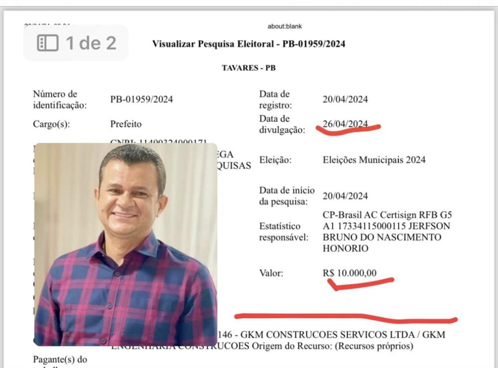 Prefeito de Tavares, Coco de Odálio, utiliza – se de sua própria empresa  para contratar pesquisa eleitoral, registrar junto ao TSE e realizar sua divulgação. 