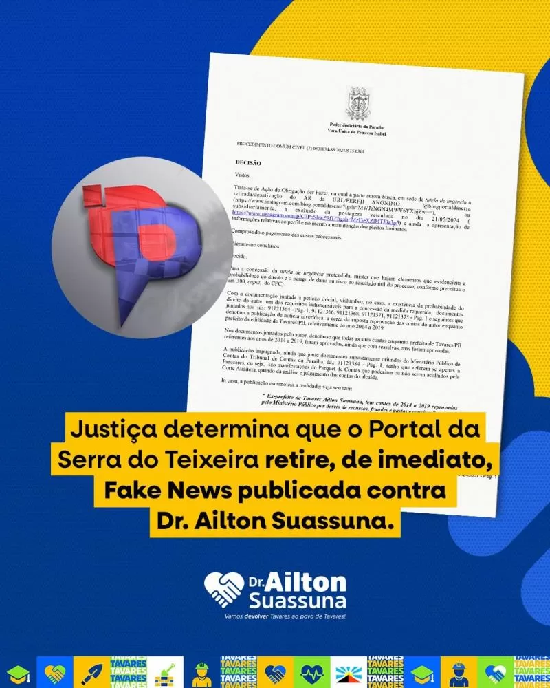 Justiça determina exclusão de fake news contra ex-prefeito de Tavares-PB