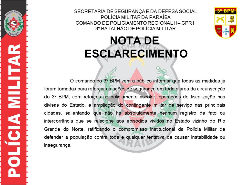 3º BPM emite nota de esclarecimento e tranquiliza população de Patos e Região 